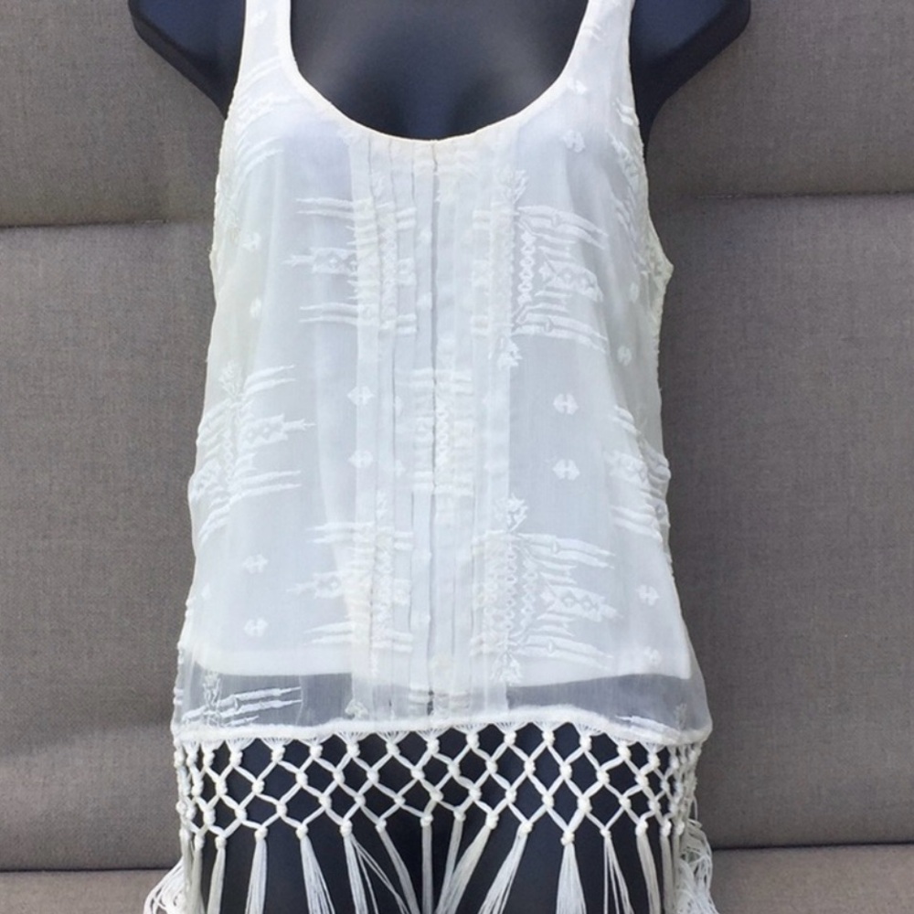 AKIKO White Sheer Silk Boho Fringed Tank - Picture 8 of 8